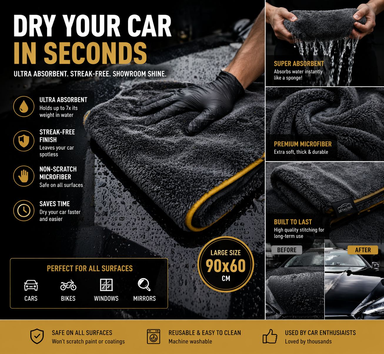 Detailous™ DryPro Premium Towel – Streak-Free, Ultra Absorbent